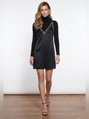 MAJE Elegant Black Turtleneck Long-Sleeve Dress with Embellished V-Neck Size 34